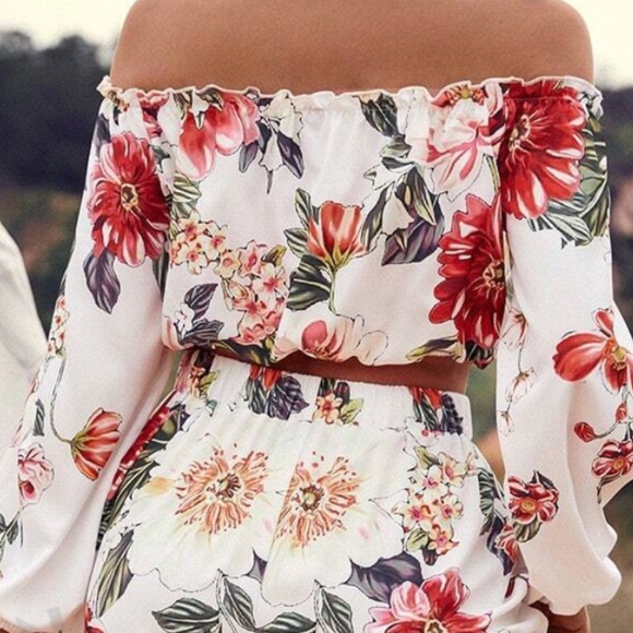 Boho Floral Printed Off Shoulder Crop Top Split Thigh Maxi Skirt Set - Picture 4 of 6